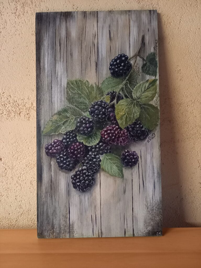 Peintures de fruits, mûres sur fond bois. peinture de Nadia 20cm